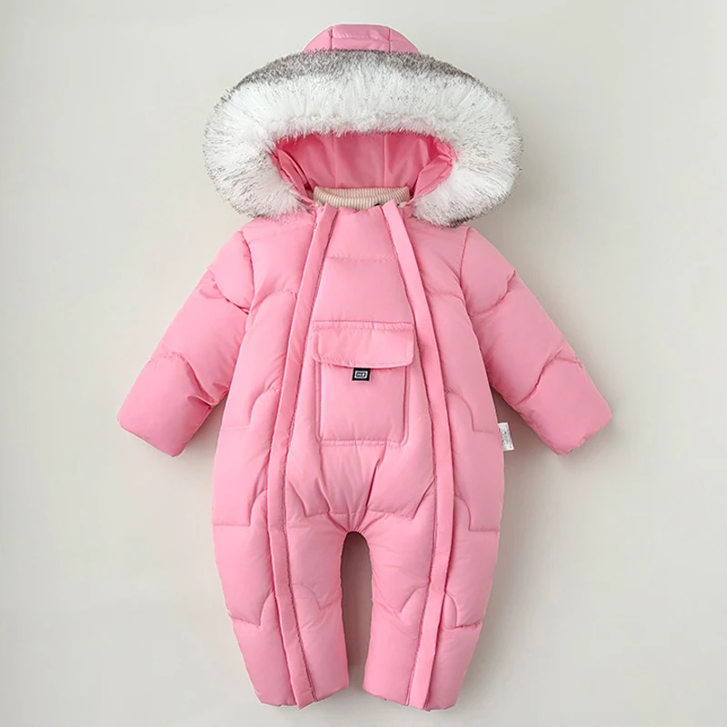 -30℃ Winter Baby Boys Girls Bodysuit Solid Color Lining Plush Thick Warm Hooded Double Zipper Jumpsuits For Kids Romper  125