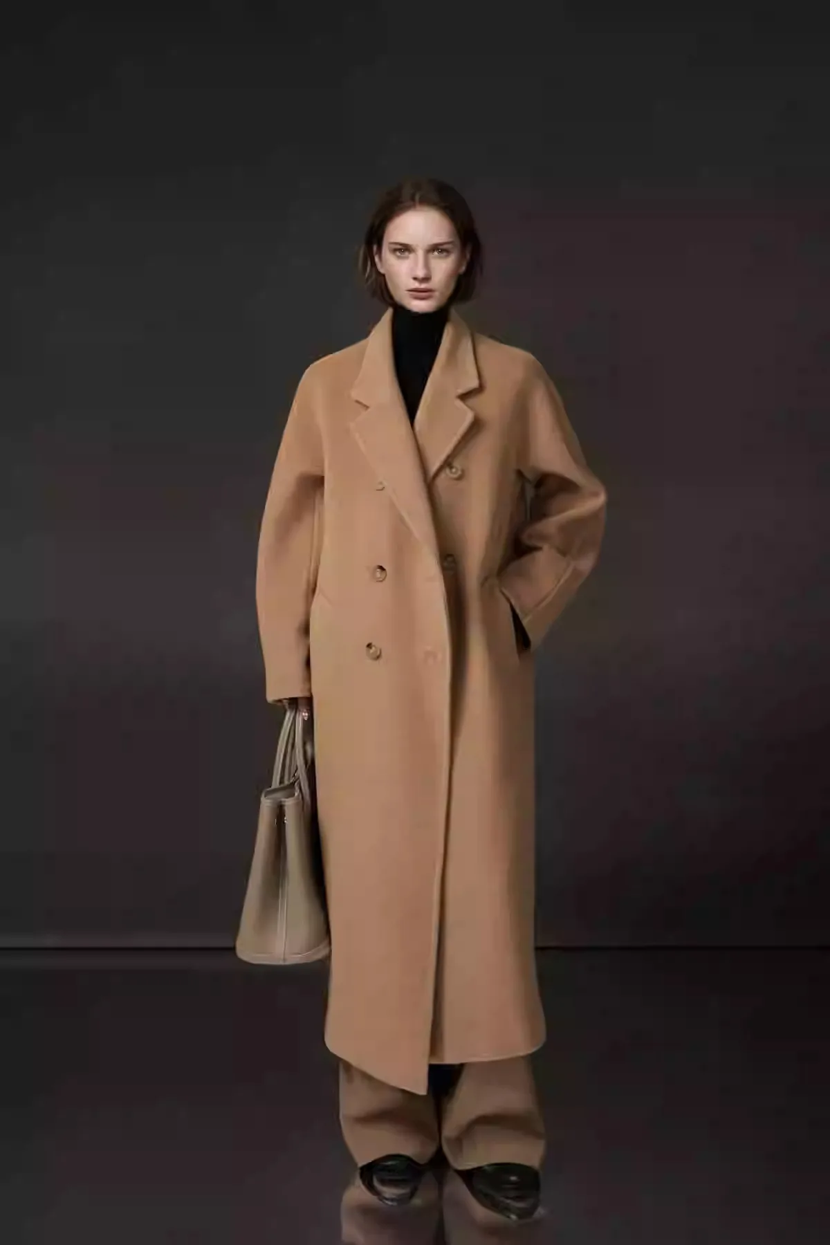 Allingentle Women's Long Blazer Woolen Fashion Double-Breasted Jacket V-Neck Blazer for Cocktail Party Daily Outfits Customize