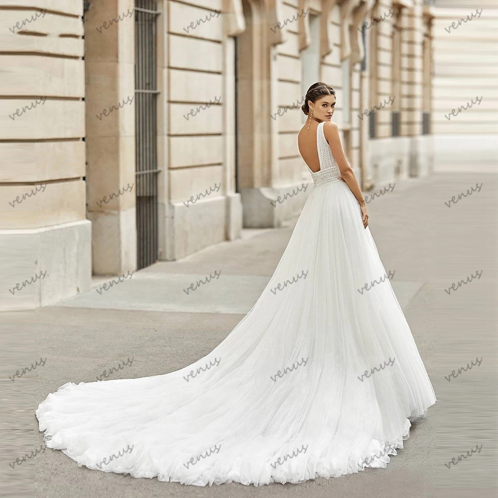 Classic Wedding Dresses A-Line V-Neck Lace Tiered Bridal Gowns Sleeveless Backless Robes For Formal Party Vestidos De Novia 2024