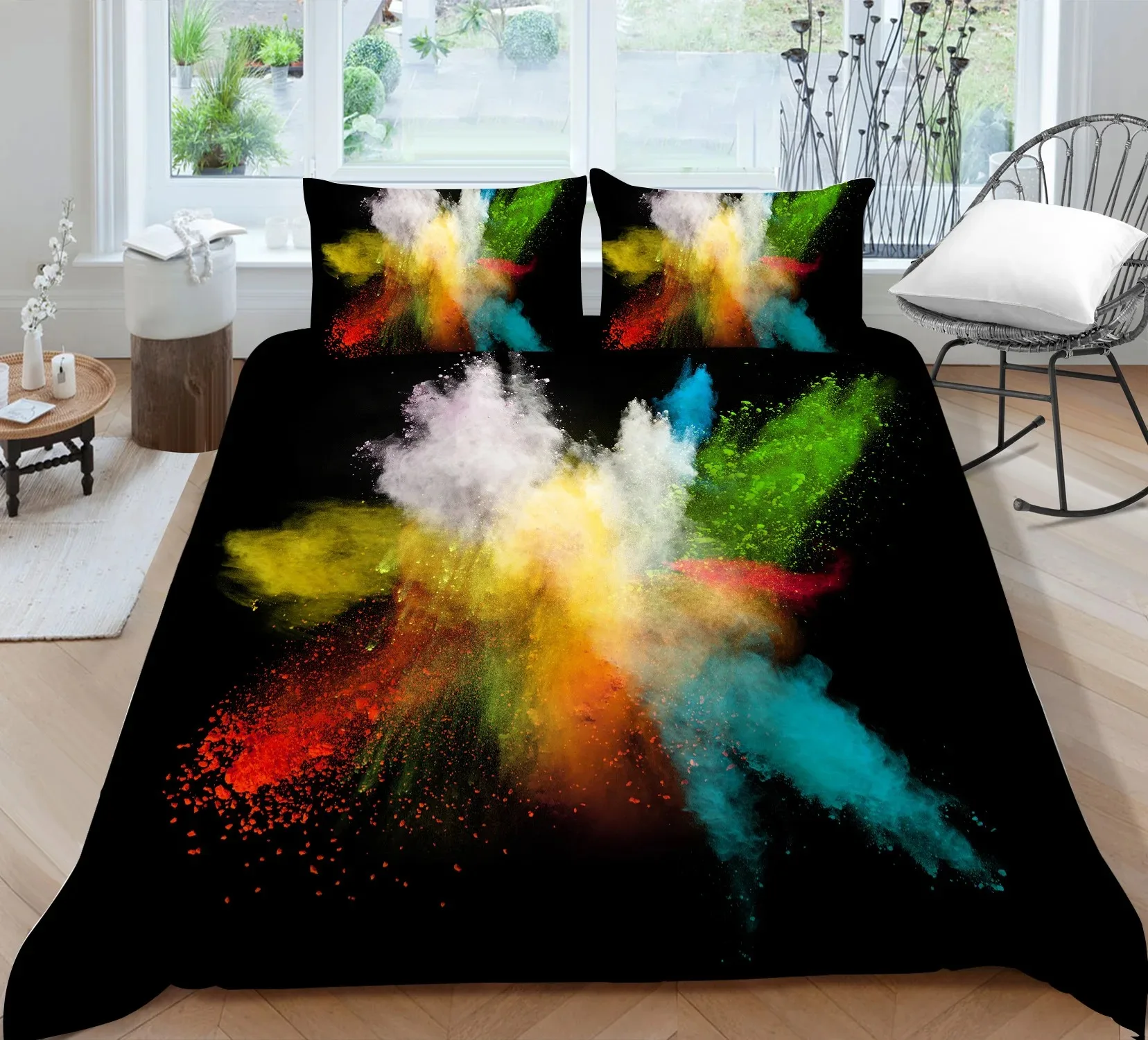 Abstract Duvet Cover King/Queen Size,colorful Splash Ink Watercolor Paint Splatters Liquid Art Bedding Set for Boys Girls,black