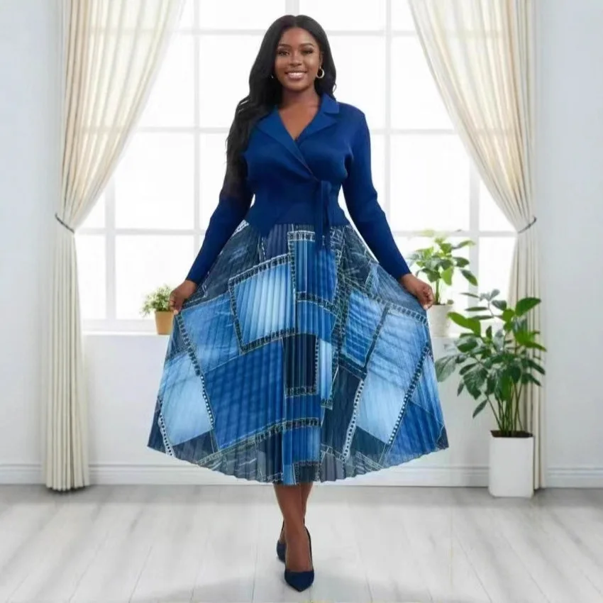 

Miyake Pleated Dress for Women, Geometric Print, Suit Collar and Long Sleeves, Loose Large Size, Elegant Pleated Skirt, 2025 New