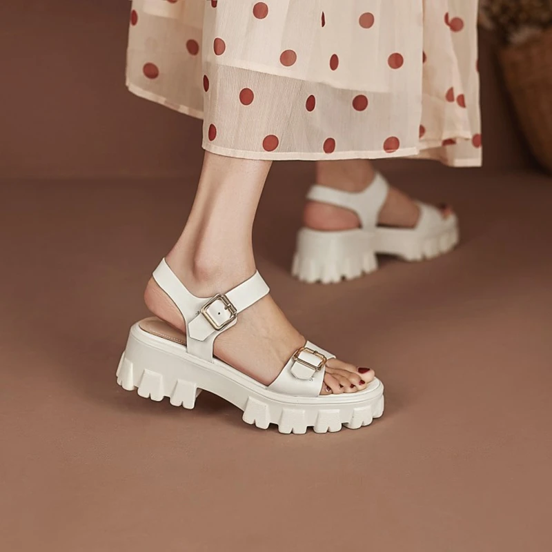 2024 New Summer Women Shoes Concise Thick Heel Leather Sandals Platform Shoes Platform Sandals White Genuine Leather Flats black
