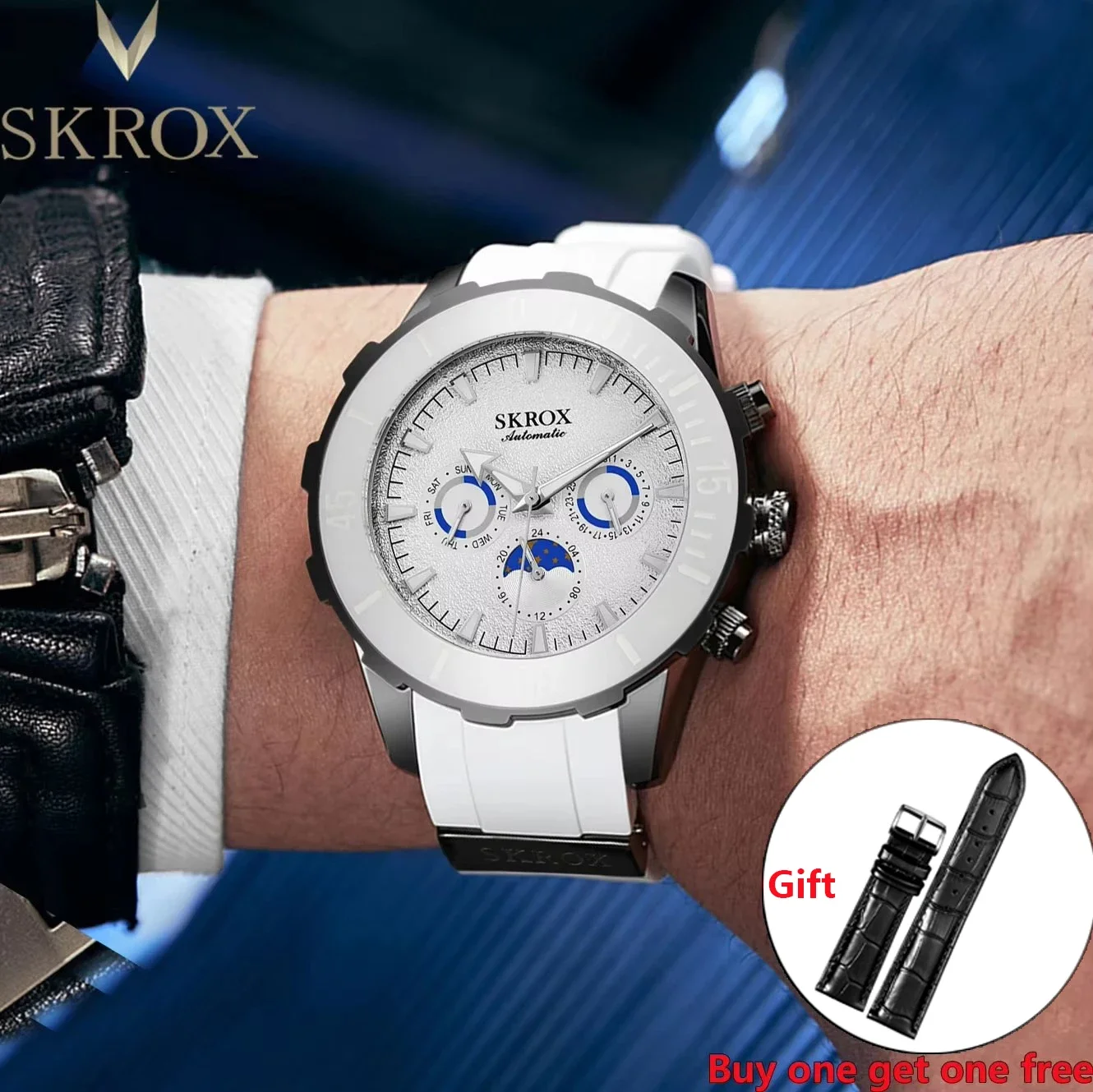 Высококачественные роскошные дизайнерские часы с автоматическим механизмом и фазой Луны, механические мужские часы для дайвинга, спортивные часы с резиновым ремешком, реплика белых мужских часов