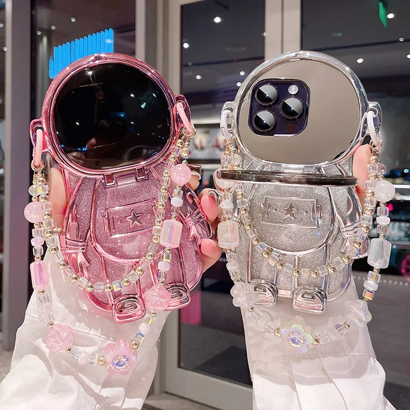 

Luxury 3D Astronaut Lens Makeup Mirror Bracket Strap Phone Case For iPhone 15 14 13 12 11 Pro Max + Plus Back Cover With Strap