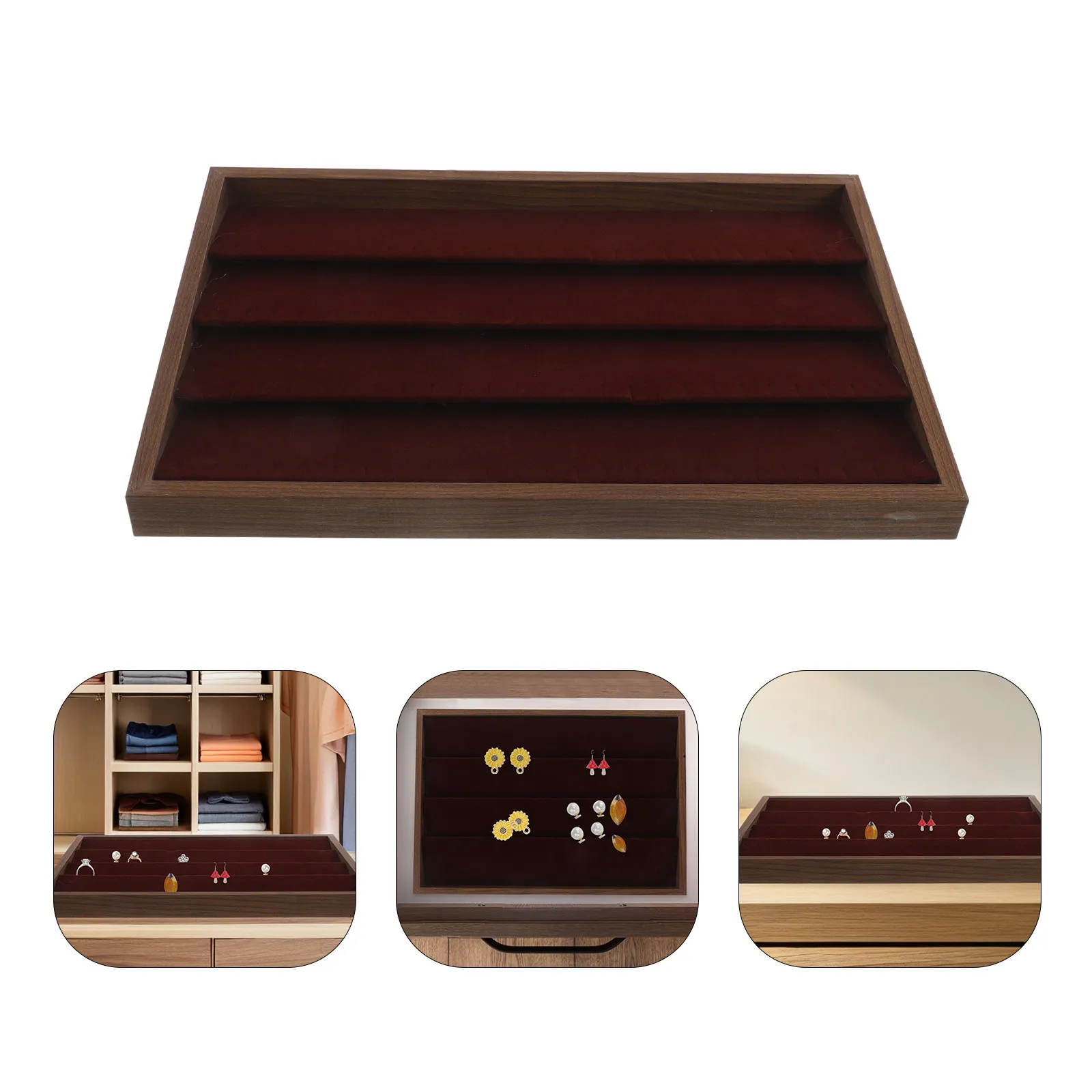 Wooden Jewelry Tray Walnut Finish Earring Organizer Multi Functional Ring Display Tray for Dresser Vanity Bathroom Counter