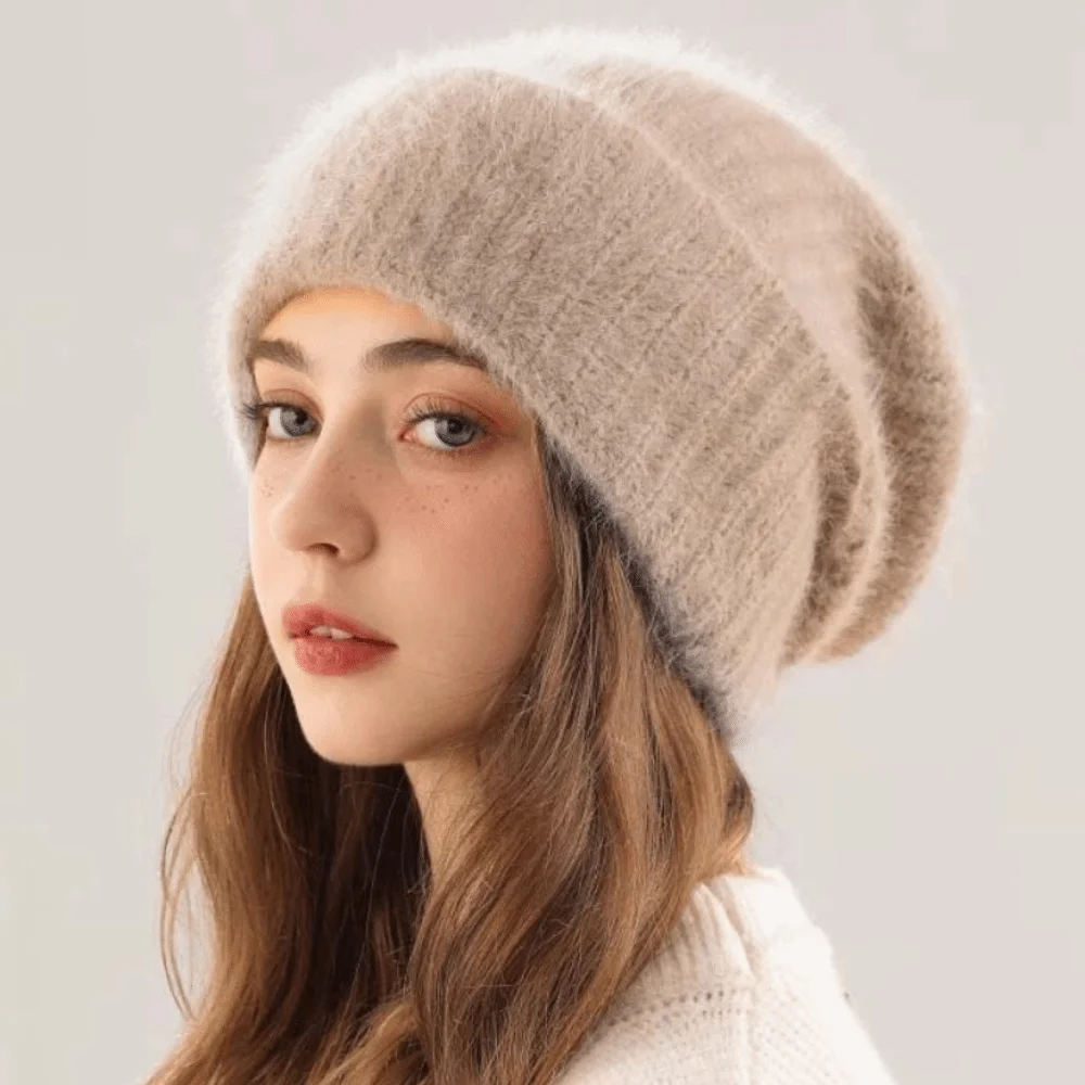 Women's Autumn and Winter Rabbit Fur Hat White Warm Thickened Large Head Circumference Plush Knitted Ear Protection Beanie