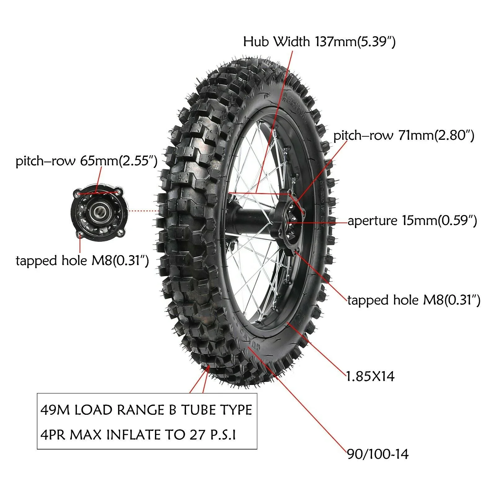 14 Inch Rear Wheel Rim，15mm Diameter of The Axle Hole，90/100-14 Rear Tire，for Dirt Bike/Pit Bike/Monkey Bike/125/140/150/160cc