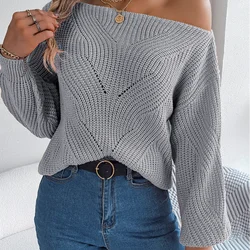 Women Autumn and Winter Fashion New Slash Neck Off Shoulder Knitted Sweater Solid Color Loose Cozy Hollow Out Lantern Sleeve Top