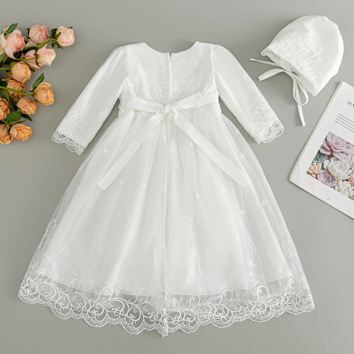 Baby Girl White Dresses Infant Lace Princess Dress Long Sleeve Embroidery Toddler 1 Year Birthday Wedding Party Baptism Gown