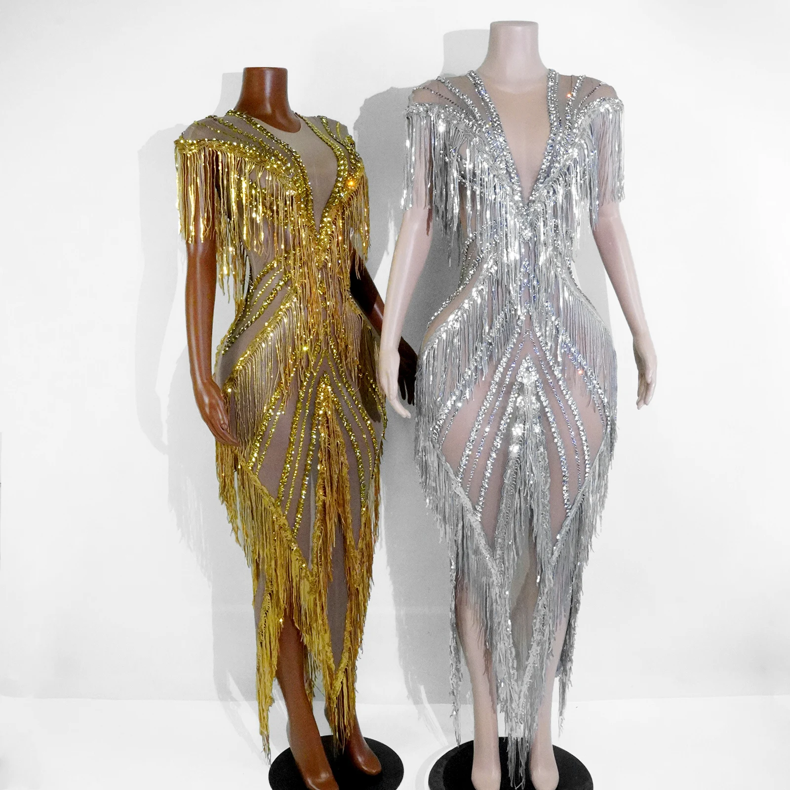 

Sparkling Diamond Tassels Sexy Mesh Transparent Long Dress Ladies Birthday Party Nightclub Bar Festival Stage Performancecostume