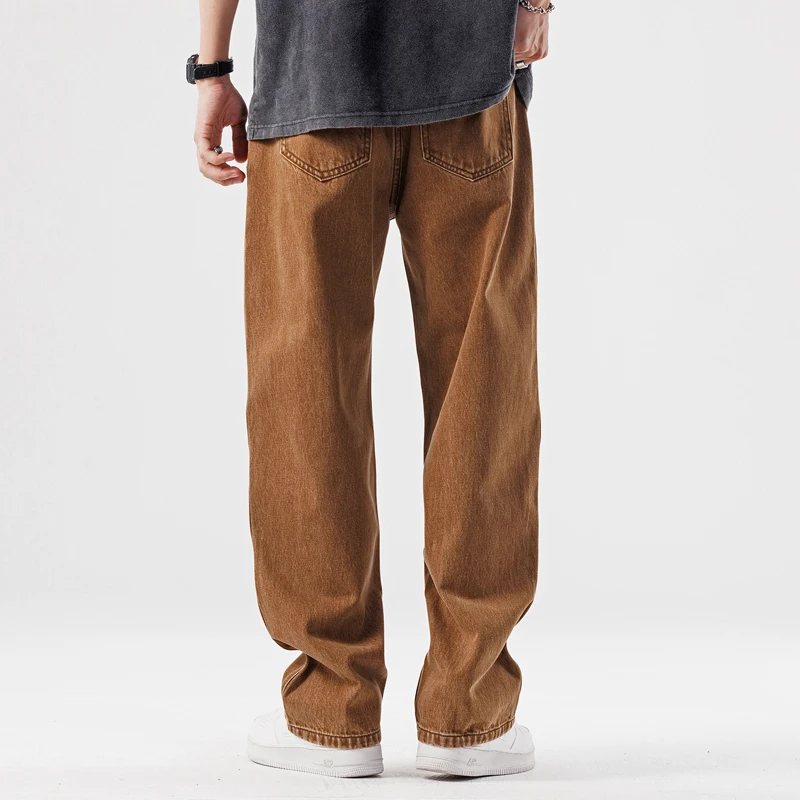 New Loose Brown Jeans for Mens Spring and Summer Straight Pocket Decorative Pants