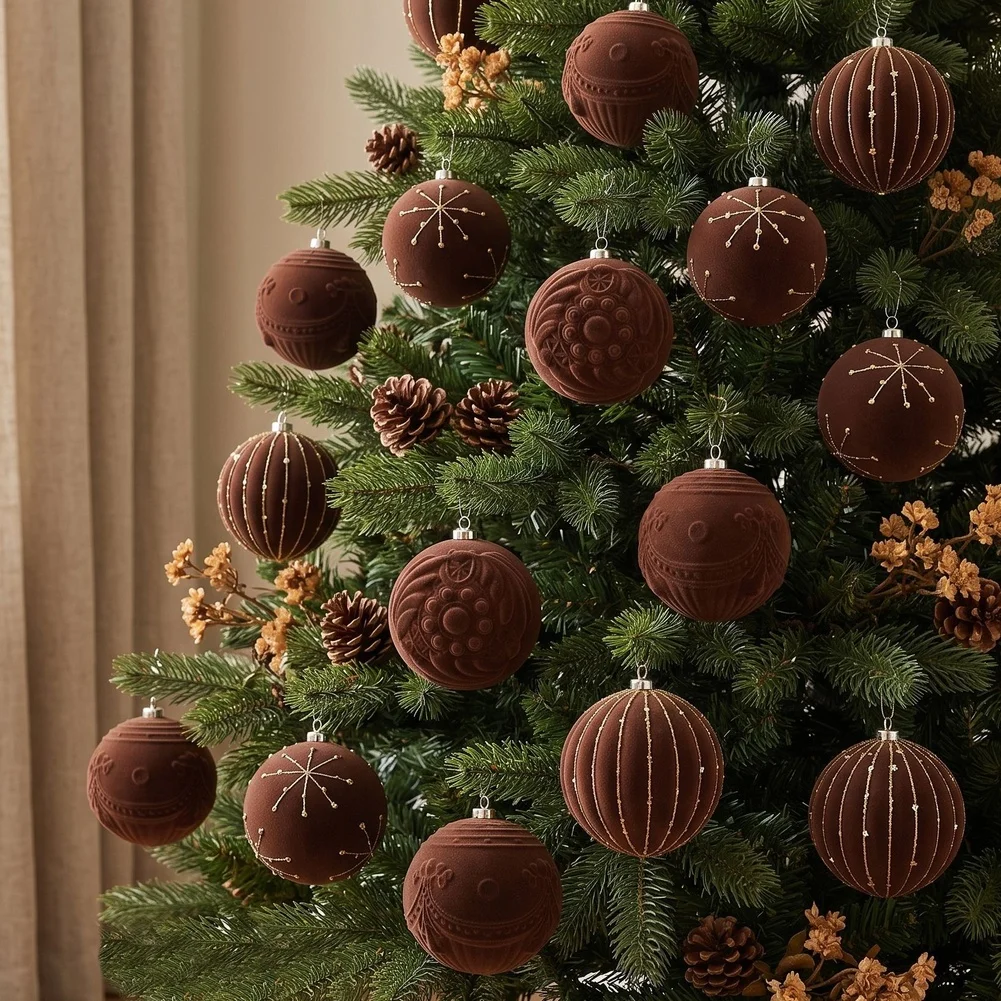 Brown Flocked Christmas Ball Set Gold Embossed 4Pcs Polystyrene Ornament For Holiday Tree Hanging Decor Home Garden Decoration