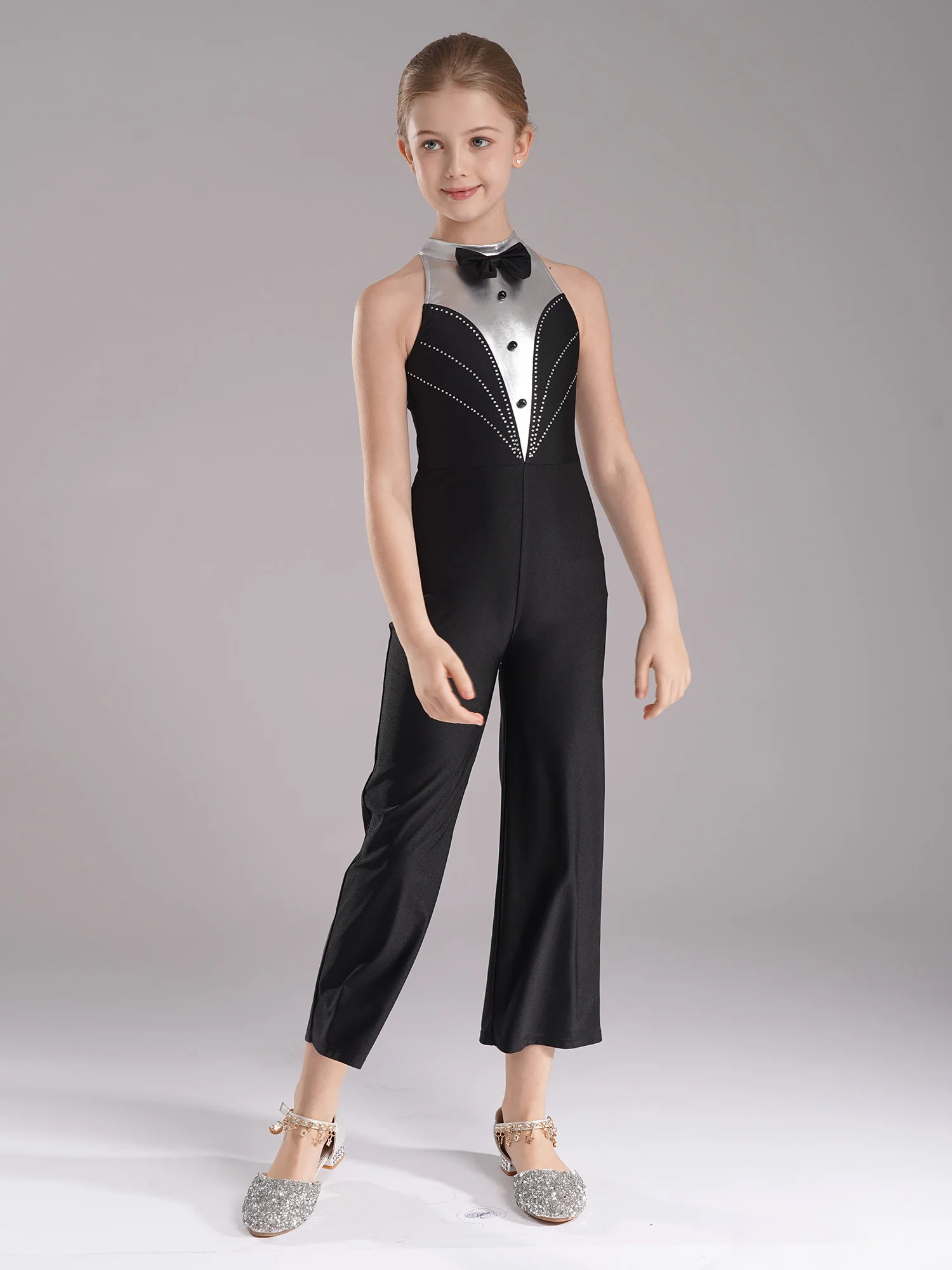 Ärmelloser Body mit Farbblock-Motiv für Mädchen, weites Bein, Hose für Jazz, Street Dance, Bühnenauftritt, Strass-Festzug-Strampler