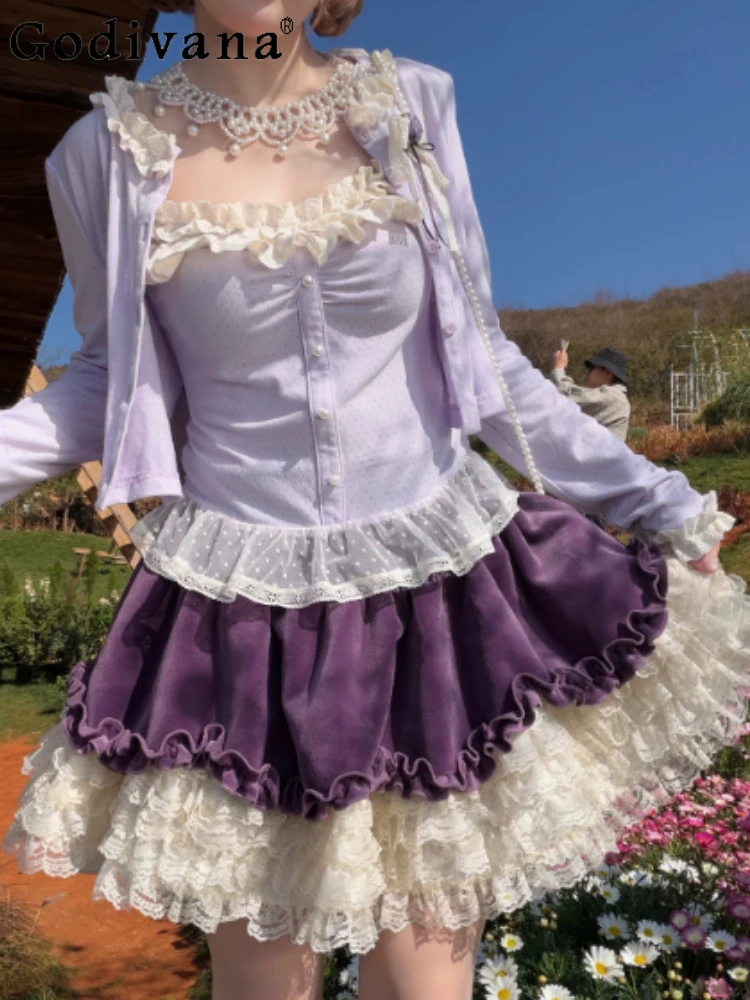 

Elegant Purple Lolita Spring Sweet High Waist A-line Versatile Ruffles Lace Short Skirt Sexy Girl Slash Neck Suspender T-Shirt