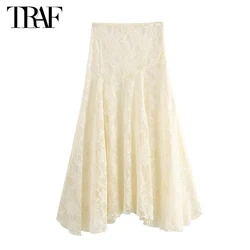 TRAF 2024 Lace Midi Skirts for Woman Summer Pleated Long Skirt Women Asymmetric Mesh Women's Skirt Semi Sheer Party Woman Skirts