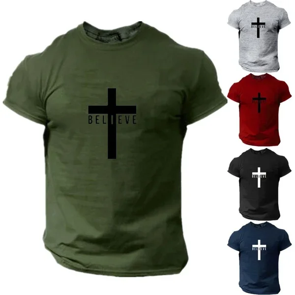 Men\'s Fashion I Believe in God Cross Christian 3D Printing T-Shirt Casual Round Neck Jesus Short Sleeve T-Shirts Quick Dry Cloth