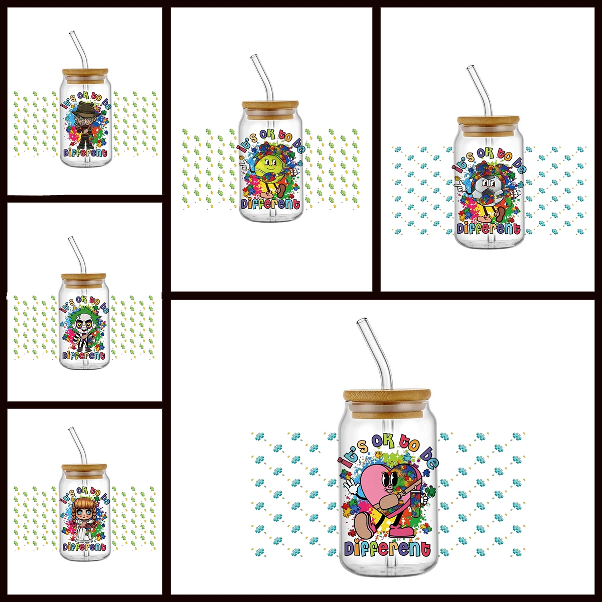 

It's Ok to be Different Theme Autism Awareness UV DTF Cup Wrap Transfer Sticker Waterproof Rub-On Decal for DIY Tumbler Craft