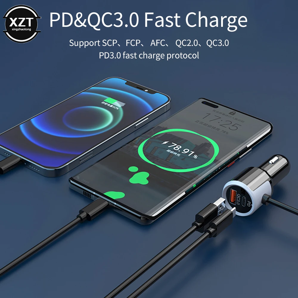 Car Charger PD/QC3.0 Super Fast Charging Car Charger Portable Backclip Design 76W High Power Output