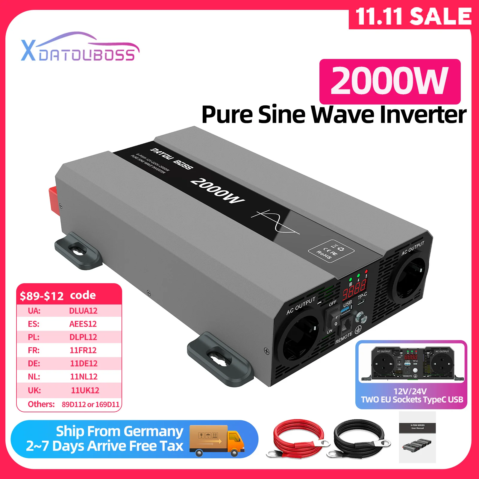 DATOUBOSS Pure Sine Inverter 24v 12V to 220v Inverter DC to AC 2000W 50Hz EU Power Socket Type-C USB Interface LCD Display