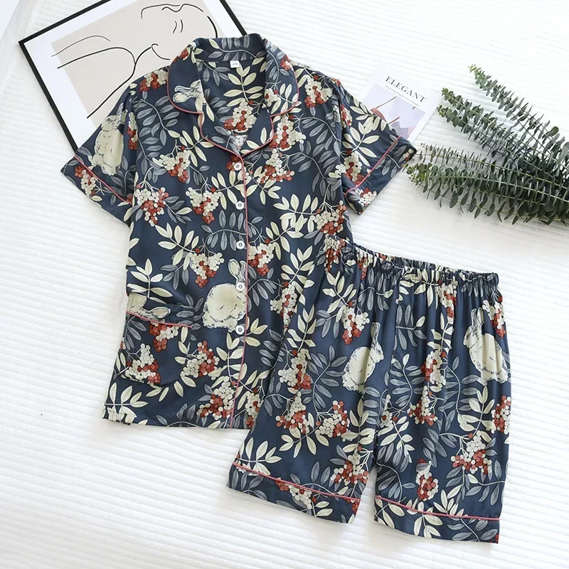 Verão novas senhoras 100% viscose conjunto de pijama de manga curta shorts seção fina serviço de casa solto tamanho grande conjunto de duas peças plus size