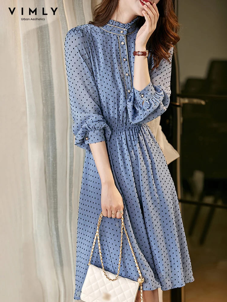 VIMLY Autumn Dot Party Dress for Women Lantern Long Sleeve A-line Slim Waist Stand Collar Midi Dress Office Lady Vestidos V0808