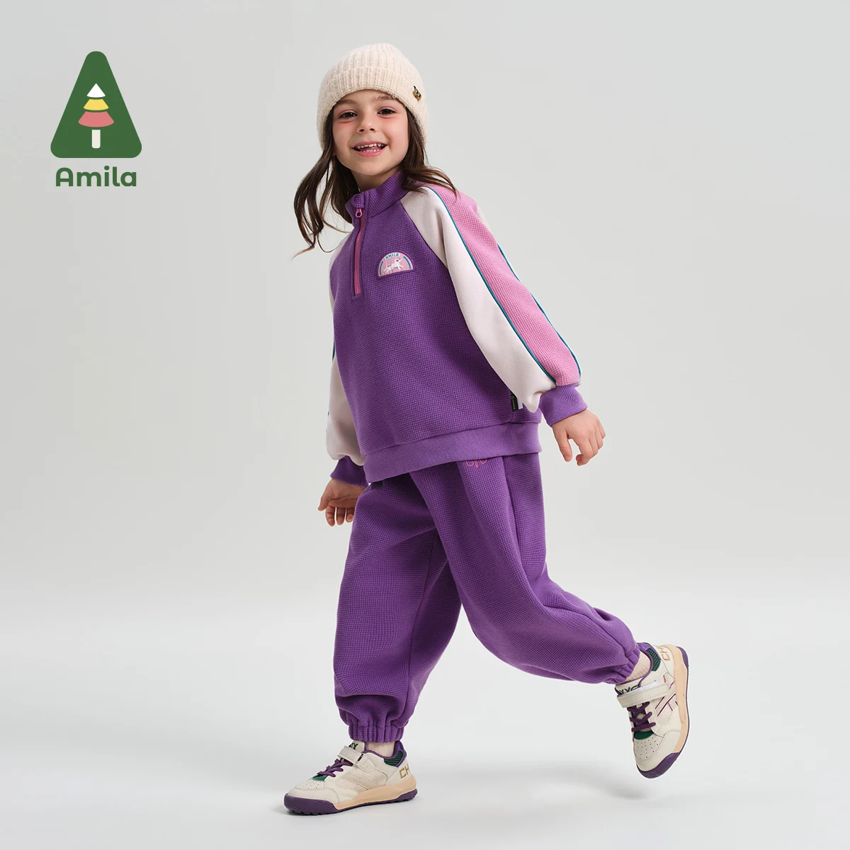 Amila Baby Suit 2024 Winter New High Quality Girls Purple Contrast High Collar Sports Warm Soft Loose Casual Children‘s Clothing