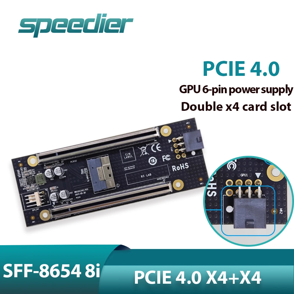 PCIe 4.0 X4+X4 Dual‑Slot Adapter Board, SFF‑8654 8i SlimSAS To Dual PCIe X16 Slot with 6Pin GPU Power, SFF-8654 Cable