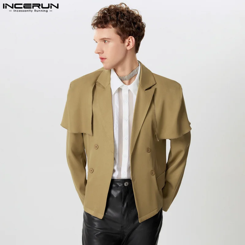 INCERUN Men Blazer Solid Color Lapel Long Sleeve Double Breasted Casual Suits Men Streetwear 2024 Fashion Male Thin Coats S-5XL