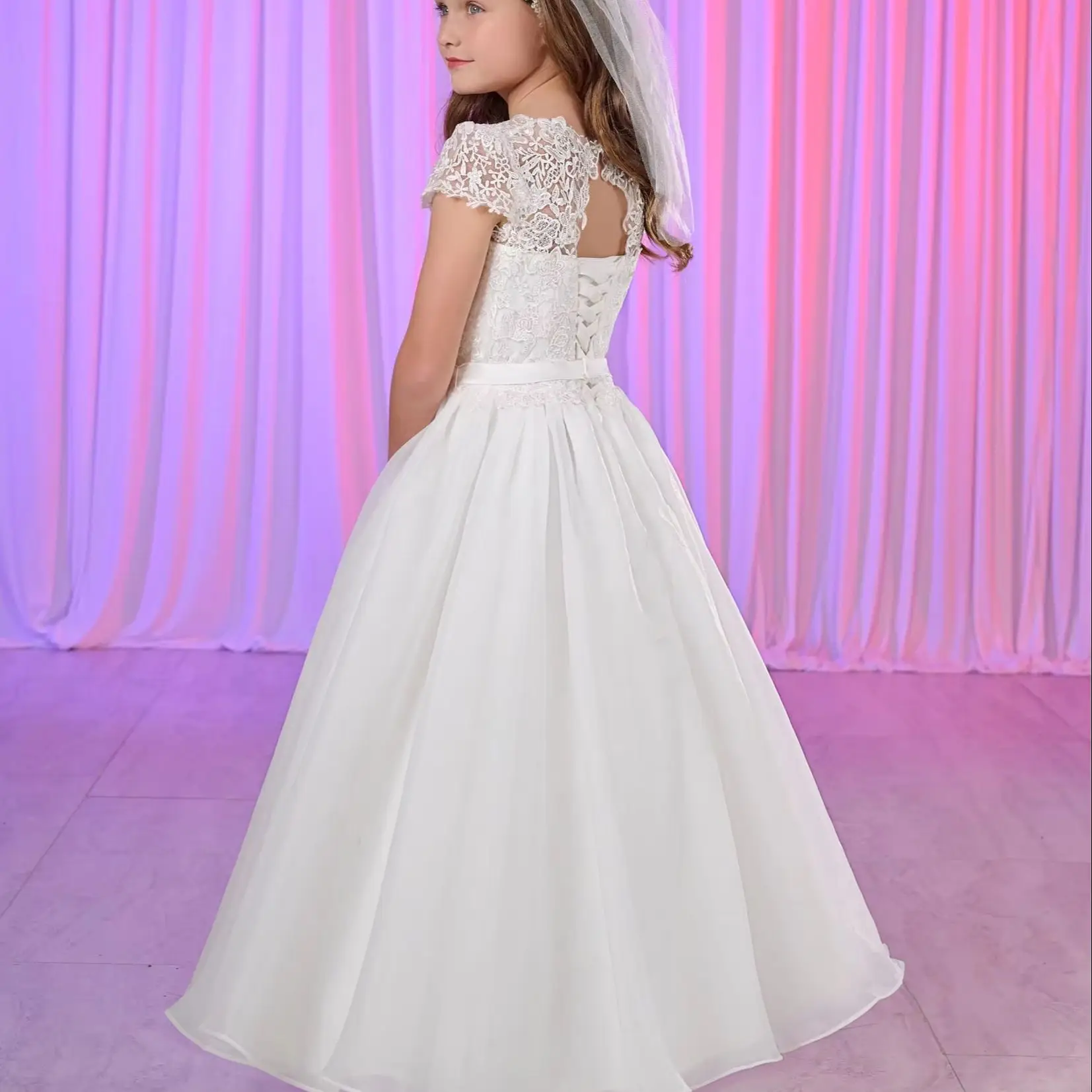 Customized White Flower Girl Dress For Wedding Lace Short Sleeve Floor Length Elegant Kids Birthday First Communion Gown