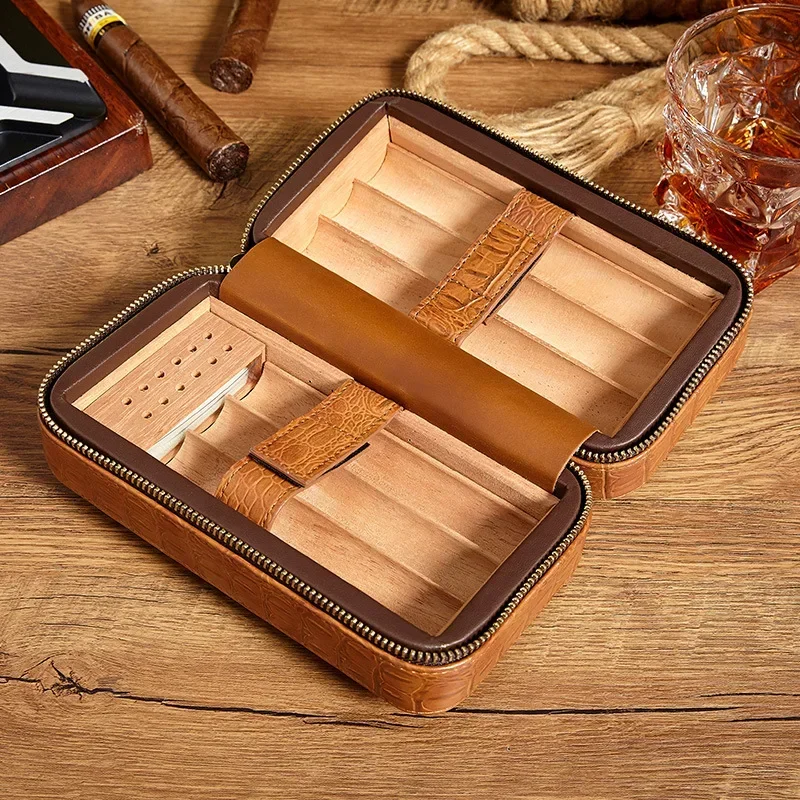 

2023 Leather Cigar Case Travel Cigar Box moisturizer Cuba Humidor Cedar Wood Portable Cigars Smoking Accessories Men Gifts Tool