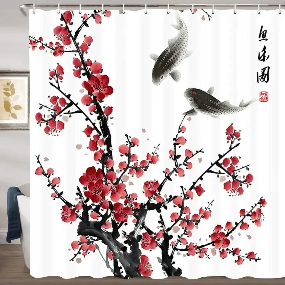 Asian Flower Shower Curtains, Red Plum Blossom Bloom Trees Branch Koi Japanese Art Polyester Fabric Bathroom Curtain with Hooks