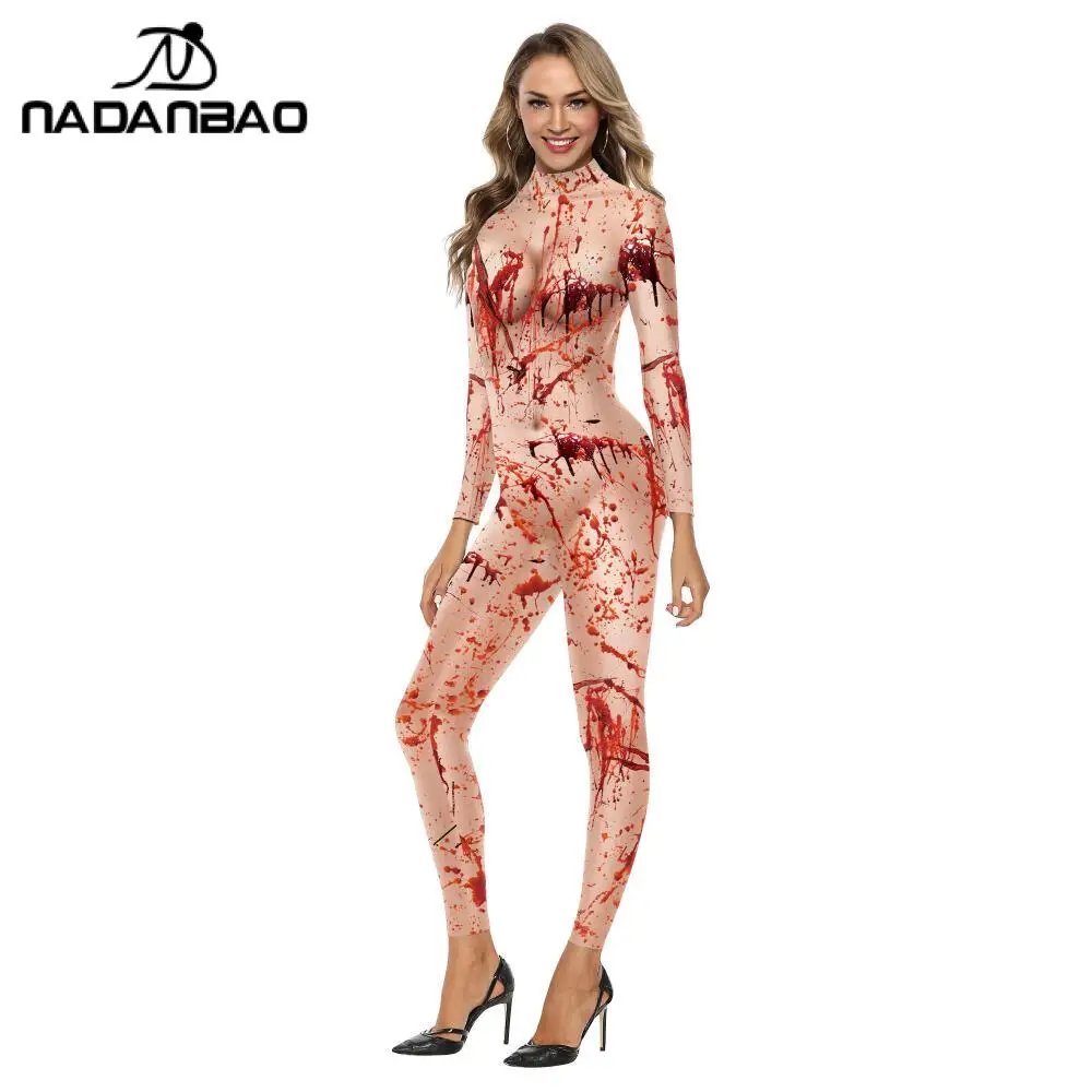 Nadanbao 3D Skeleton Bloodstain Print Jumpsuit Women's Long Sleeve Bodysuit Halloween Sally Cosplay Costumes Sexy Elastic Zentai