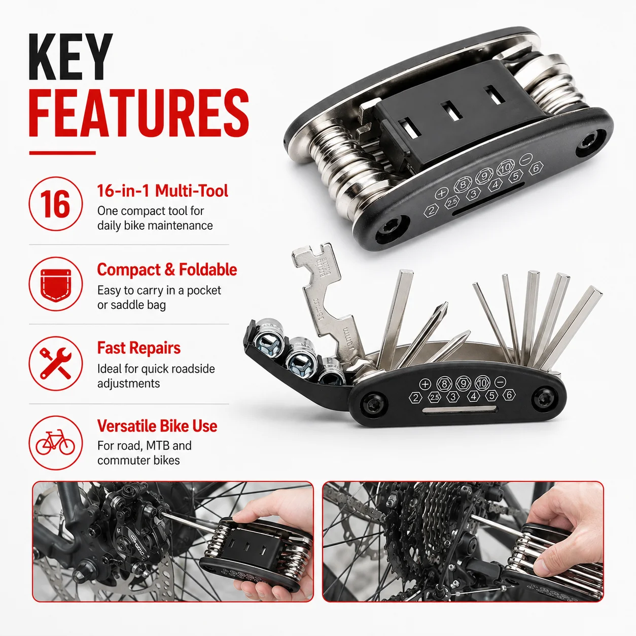 PINMOAP 1PC 16 In 1 Multi Tool Kit Portable Repair Set Compact Hand Tools For Bicycle Motorcycle Car Camping Hiking Maintenance