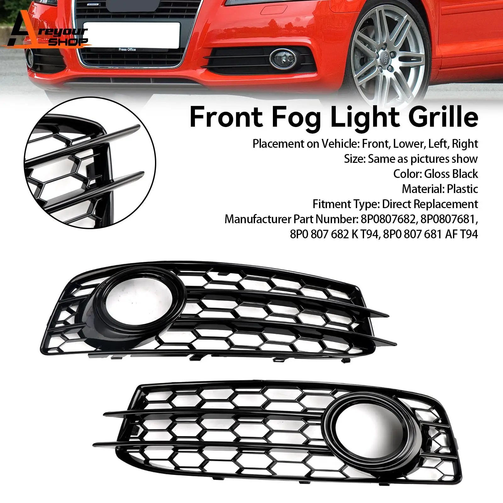 

Areyourshop Honeycomb Front Bumper Fog Light Grill Cover Fit Audi A3 8P S-Line 2009-2012
