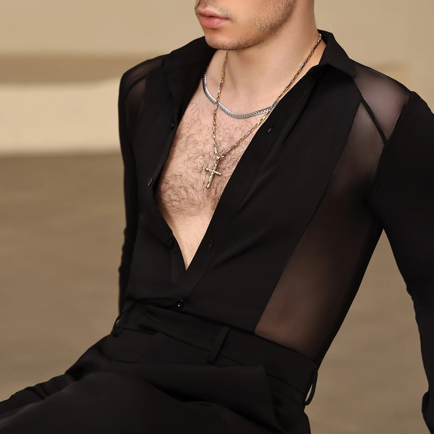 Adulte mâle vêtements de danse latine hommes maille épissage hauts noirs Salsa Rumba salle de bal danse compétition vêtements pratique haut BL16719