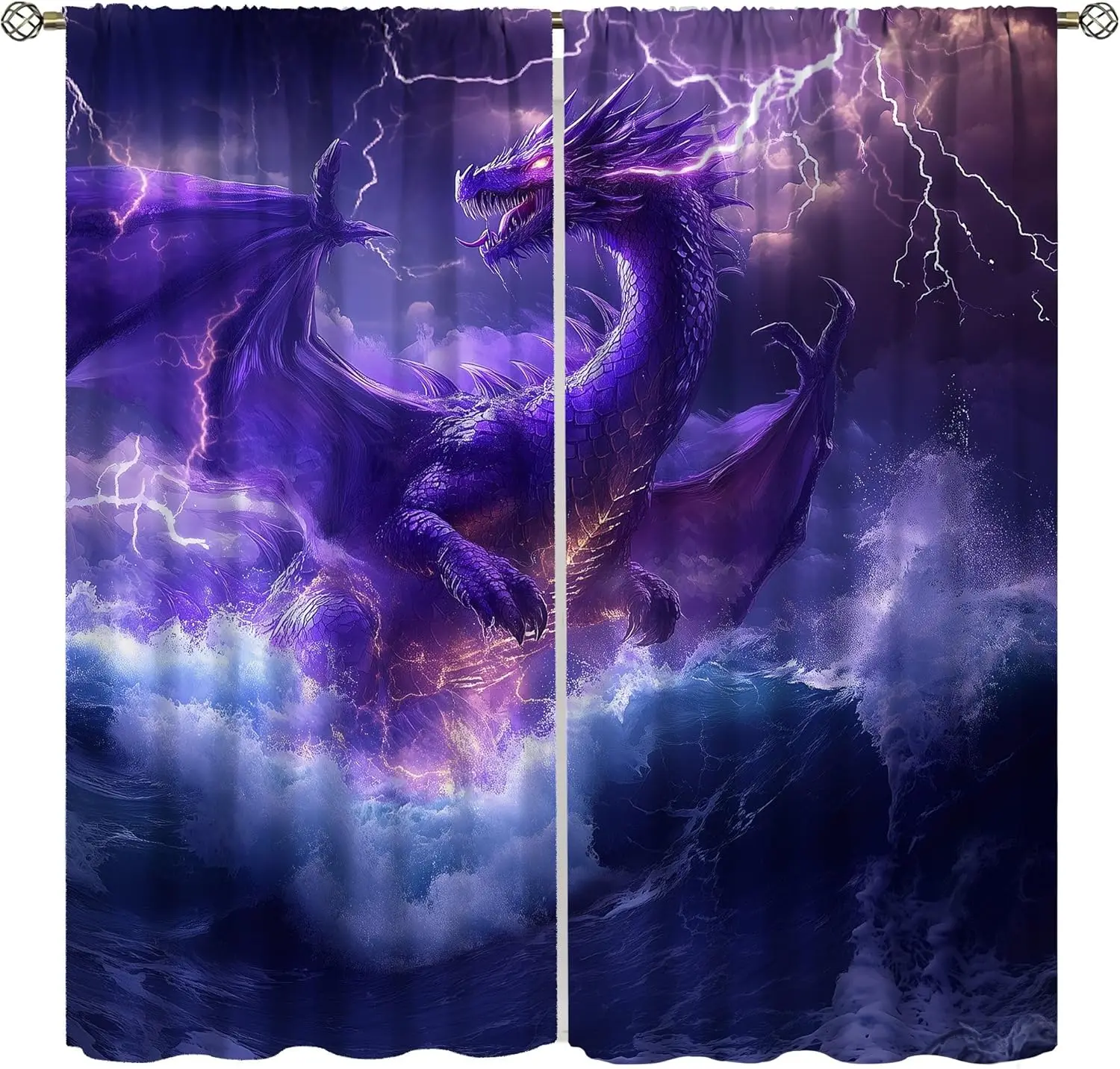 Purple Lightning Dragon Curtains, Winged Design, Rod Pocket Drapes for Bedroom Decor