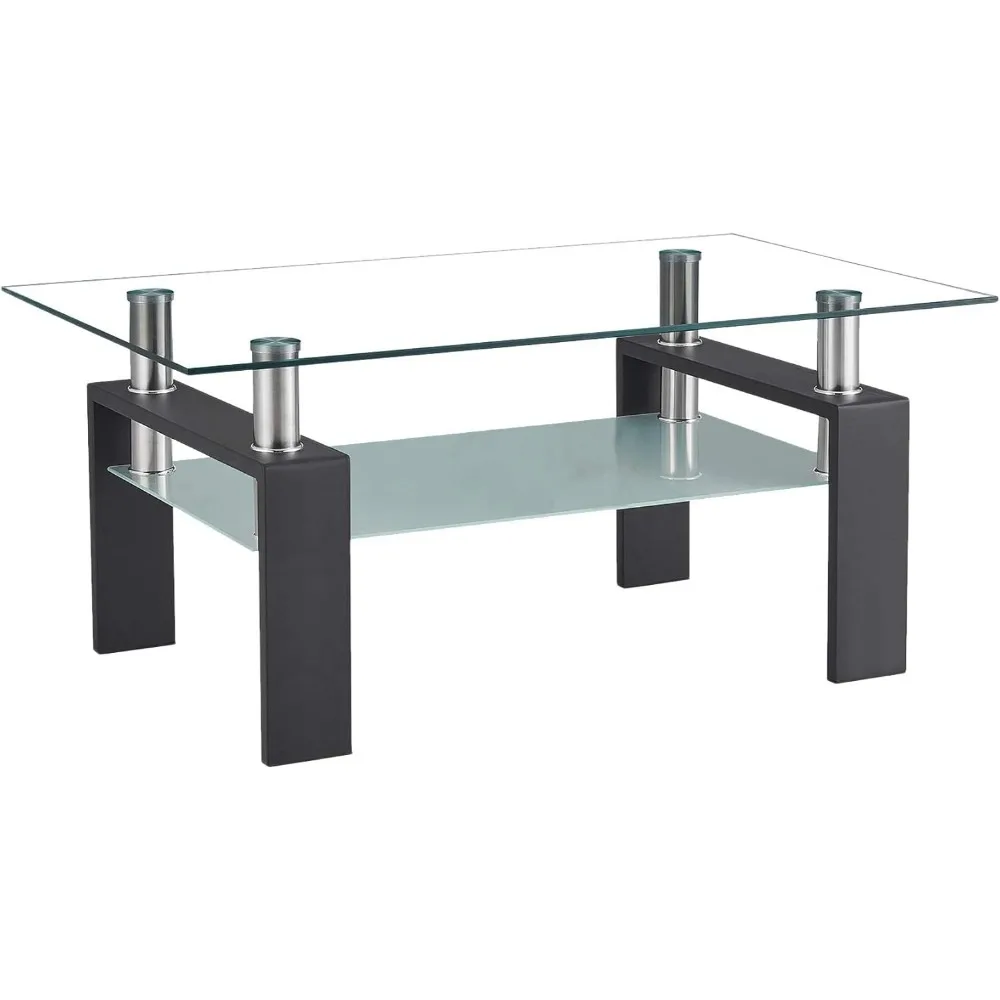 Mesa de centro moderna de vidrio rectangular de 2 niveles: centro de mesa de salón con funcionalidad de mesa de té