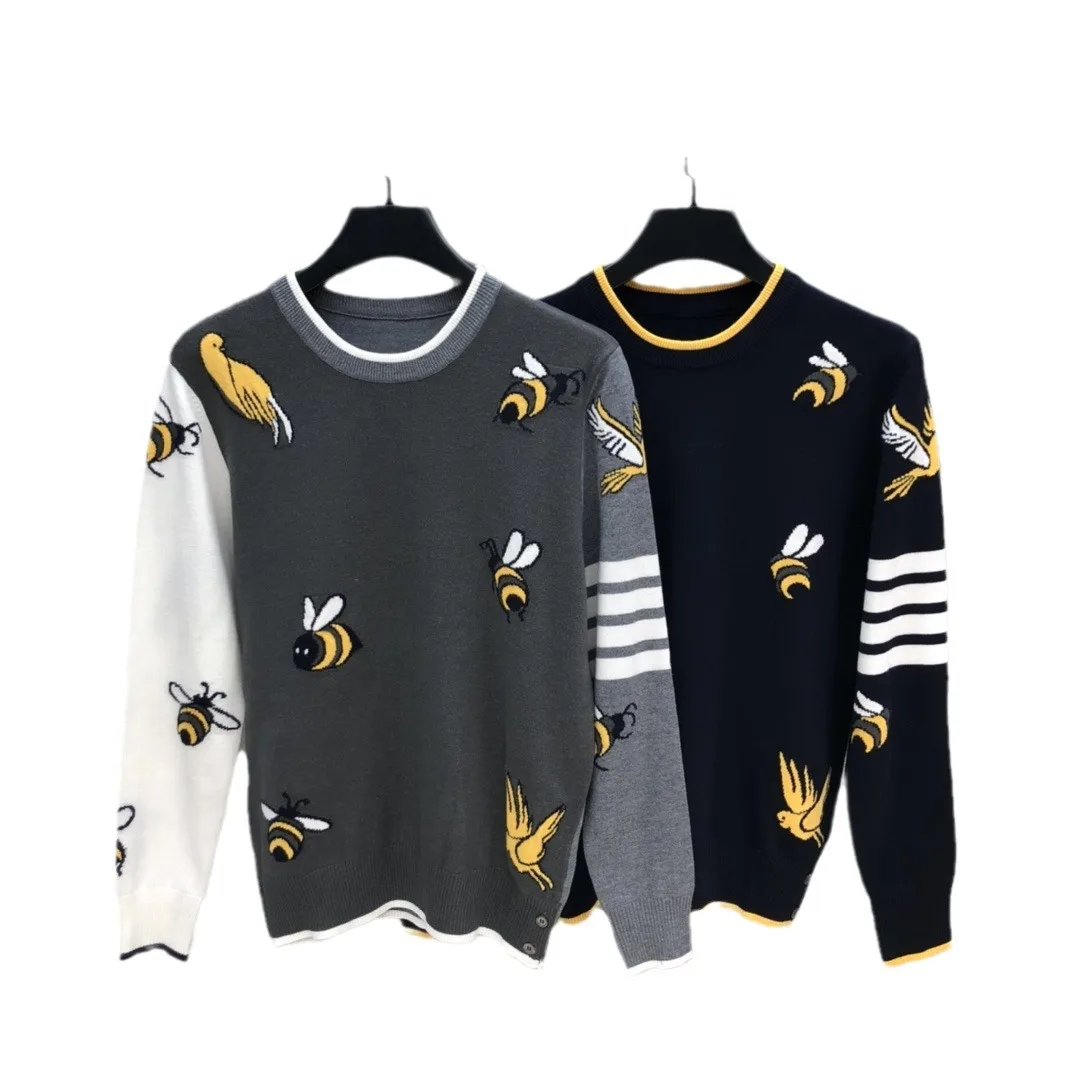 Autumn Winter Bee Pattern round Ne Knitted Sweater Long Sve ex Casual Versatile Woolen Sweater Couple Sle Knitwear