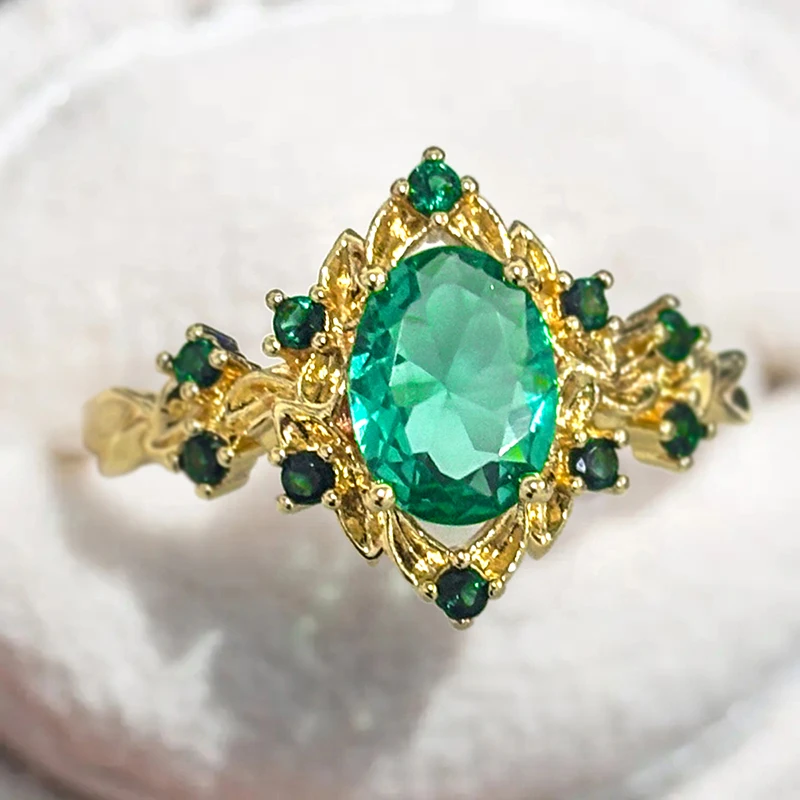 Huitan Edle Ovale Grüne Kubische Zirkonia Ringe für Frauen, Goldfarben, für Hochzeit und Party, Elegante Damenringe, Luxuriöser Trendschmuck