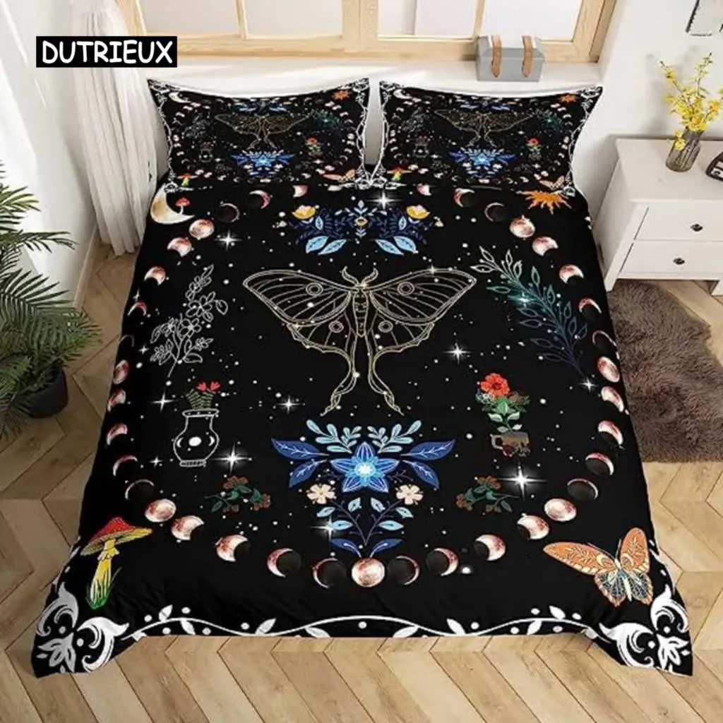 

Boho Moth Duvet Cover Gothic Skull Bedding Set For Girls Women Bedroom Decor Moon Star Personalized Moth Skull Skeleton Bones