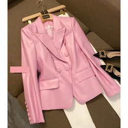 Autumn Double-breasted Pink PU Slil Blazer for Women Collar OL Leather Suit