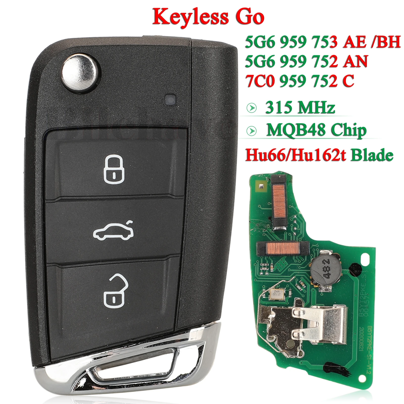 

jingyuqin 315MHz Flip Remote Car Key MQB48 For VW Polo Crafter Tiguan 5G6 959 752 AN / 5G6 959 753 AE/BH Keyless Go HU66 HU162t