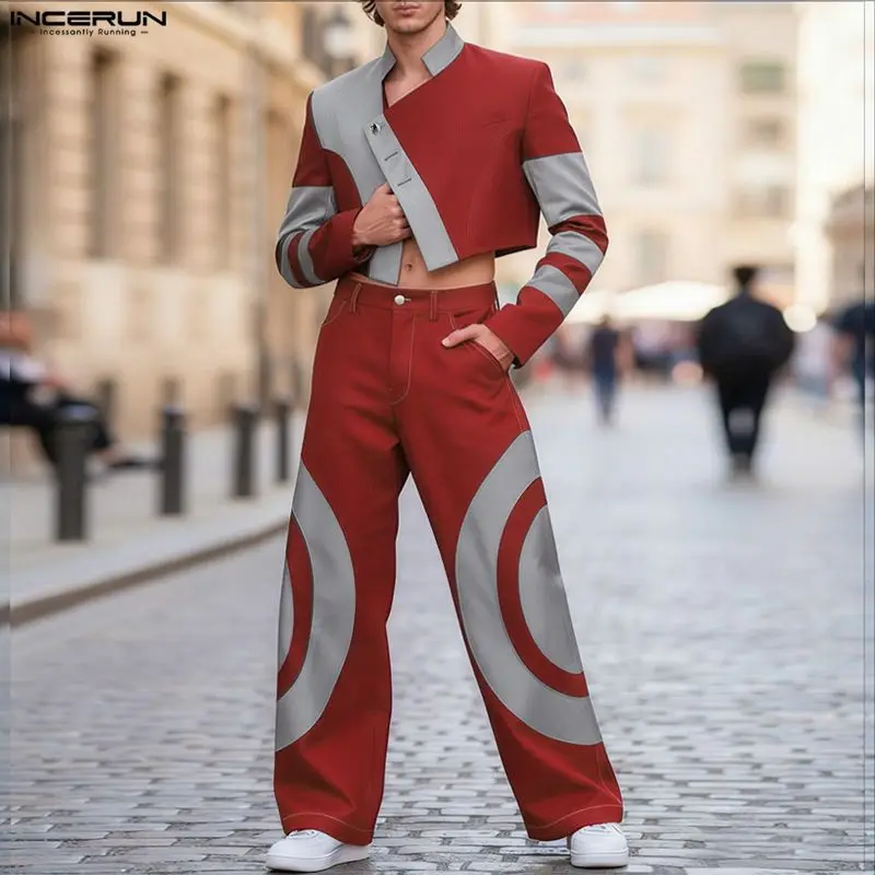 INCERUN Men Sets Patchwork Color-block Stand Collar Long Sleeve Crop Jackets & Pants 2PCS Streetwear Loose Fashion Men's Suits