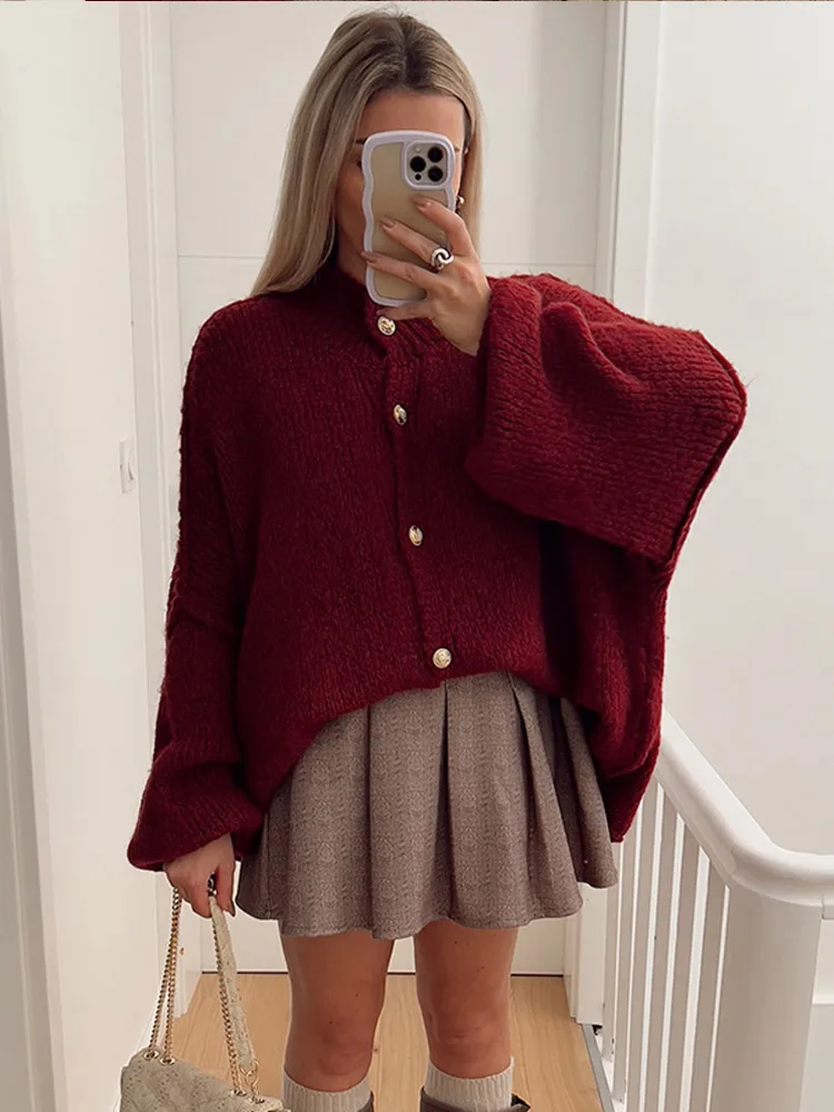 Casual Burgundy Red Oversized Knitted Cardigan For Women Elegant Lantern Sleeve Single Breasted Sweater Autumn Lady New Knitwear