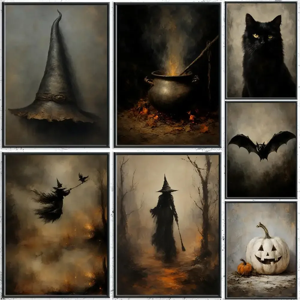 Vintage Witch Element Halloween Oil Painting Painting Calligraphy HD Canvas Poster Crease Free Waterproof All Space Wall Decor