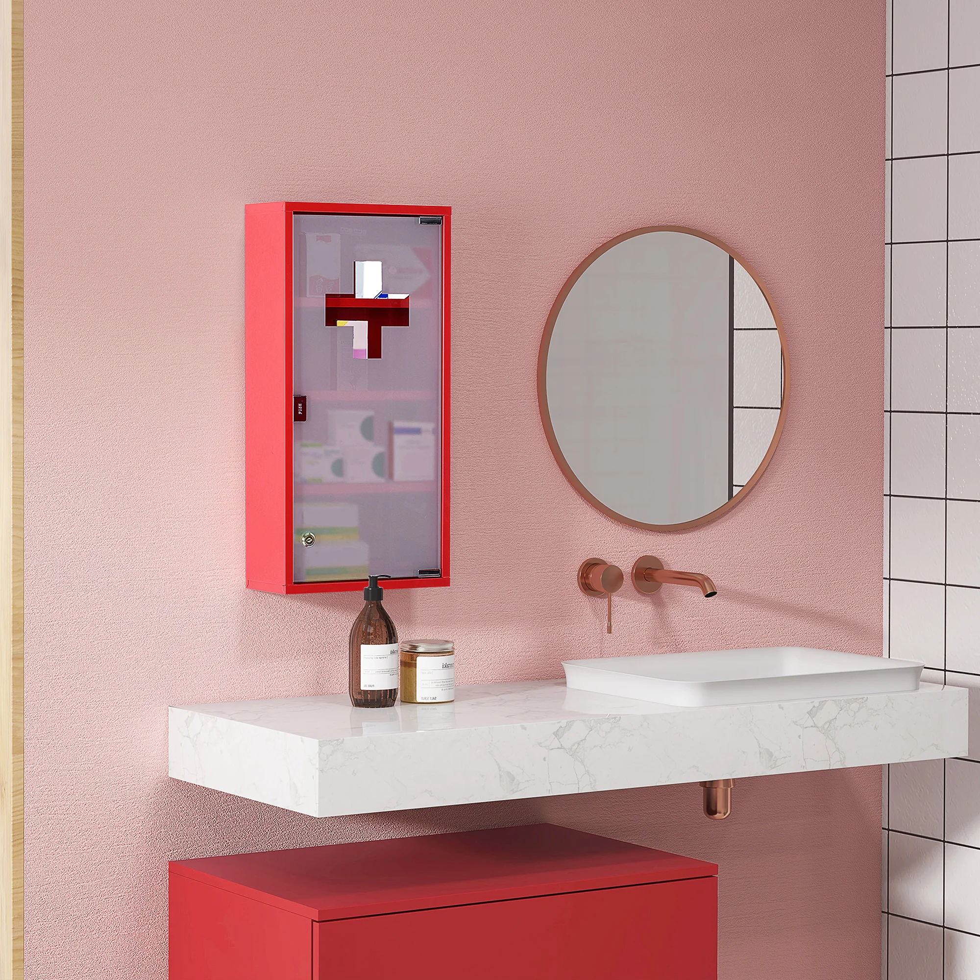 Armoire à pharmacie murale en acier inoxydable de qualité supérieure avec serrure, porte en verre dépoli, conception verrouillable sécurisée pour les enfants, mécanisme de fermeture douce à ouverture par simple pression, croix de secours élégante, construction métallique durable pour la maison, le bureau et la salle de bain