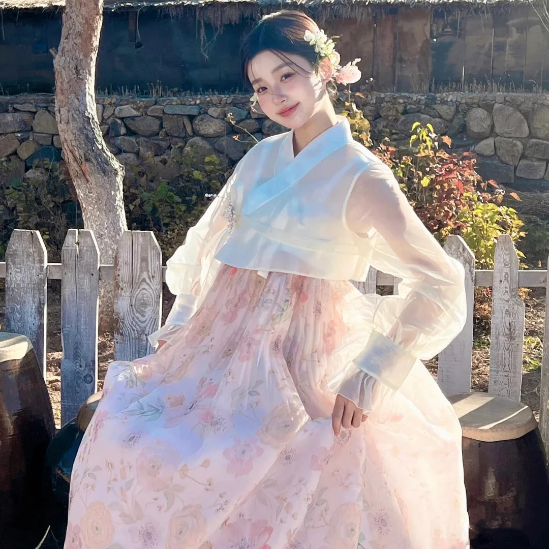 pink hanbok dress XINFU Korean Traditional Women's Hanbok Set Long Sleeve Colorful Dress Cosplay Costume