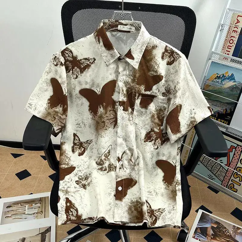 Camisa feminina solta de manga curta com design de borboleta americana retrô verão top moderno