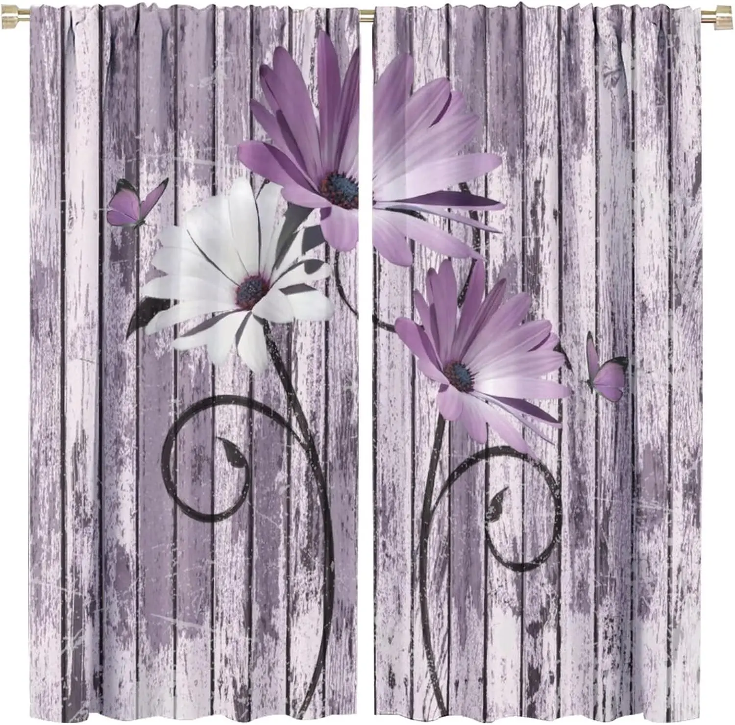 Decorative Floral Polyester Curtains Rustic Farmhouse Style Window Panels Cottage Cosmos Flower Print Home Decor Art