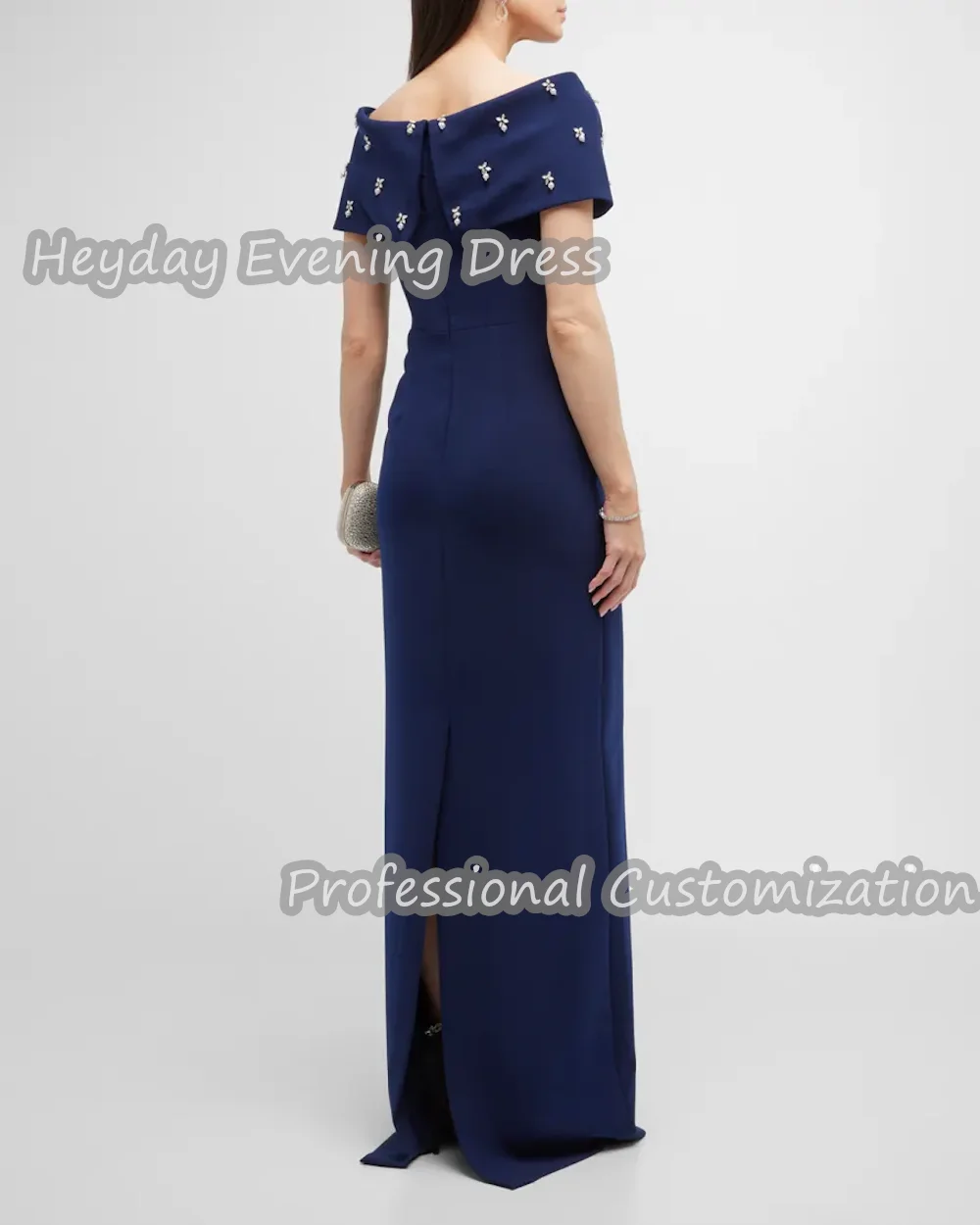 Heyday Off-the-shoulder Saudi Arabia Short Sleeves Straight Prom Gown Crepe Beaded Floor Length Elegant Dress For Women 2024